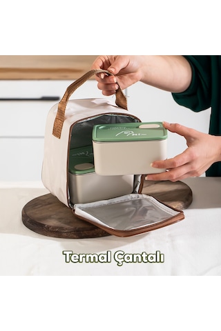 Porsima Bl25229 Isı Yalıtımlı Çanta Paslanmaz Çelik 2 Parça Vakumlu Yemek Termosu Beslenme Kutusu Taşınabilir Lunch Box Sefer Tası Krem