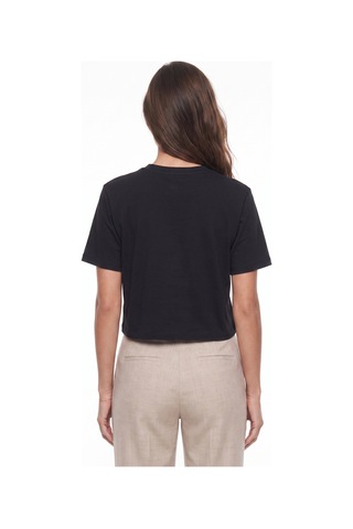 Onloox Kadın Siyah Siyah Viskon Karışımlı Bisiklet Yaka Kısa Kollu Balon Form Beli Lastikli Crop T-shirt