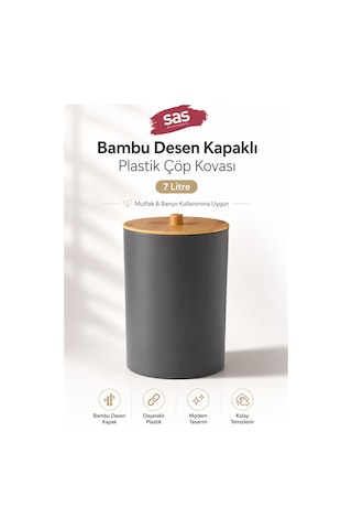 Sas Haus Bambu Desen Kapaklı Plastik Çöp Kovası 7 Litre Antrasit Mutfak Banyo Çöp Kovası Antrasit Gri