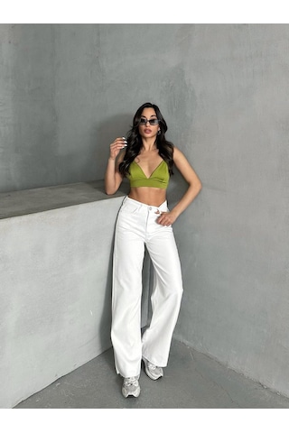 Shevega Kadın Beyaz Yüksek Bel Paça Kesik Bol Paça Jeans Pantolon Beyaz