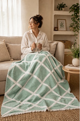 Premium Geometrik Kare Desenli %100 Pamuk Müslin Çift Taraflı Yatak Örtüsü Pike 220x240 Çift Kişilik Mint Yeşili