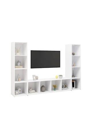 Tdesıgno Yigit Kitaplıklı Televizyon Sehpası - Ünitesi -kitaplık-beyaz 180 Cm 12 Raflı Beyaz