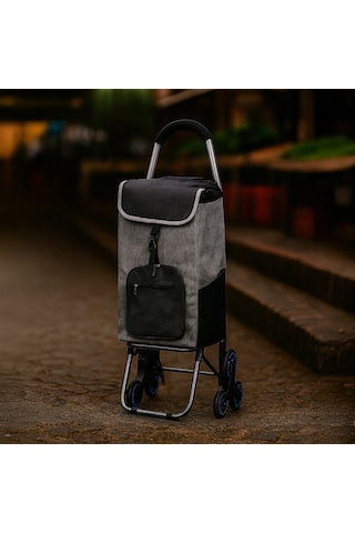 Sessiz 3 Tekerlekli Pazar Arabası Su Geçirmez, Fermuarlı Çantalı Gri