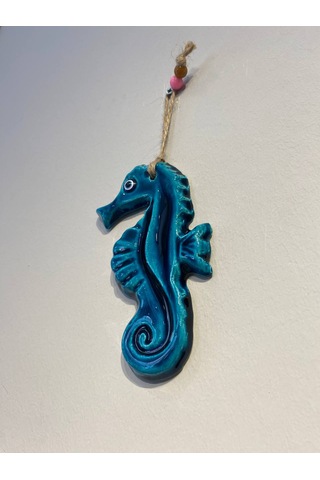 El Yapımı Nazar Boncuğu, Duvar Dekorasyon Ürünü, Seramik, El İşçiliği, Turkuaz Renkte Denizatı Desenli -