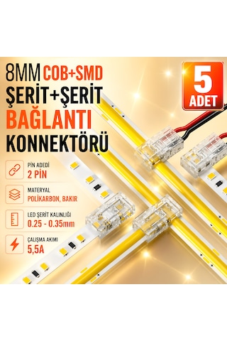 8mm Cob+smd Şerit+kablo T-l Bağlantı Konnektörü 5 Adet