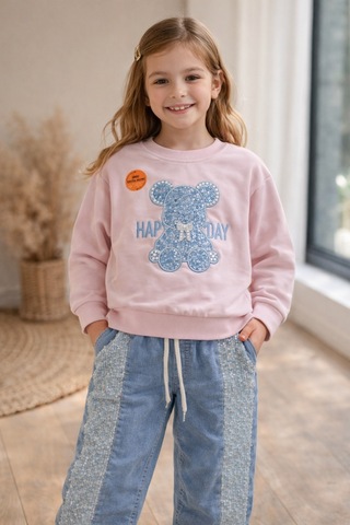 Uğur Bebe Pembe Pullu Esnek Sweatshirt Ve Geniş Paça Kot Pantolon Kız Çocuk Bayramlık Takım Pembe Mavi Pembe Mavi