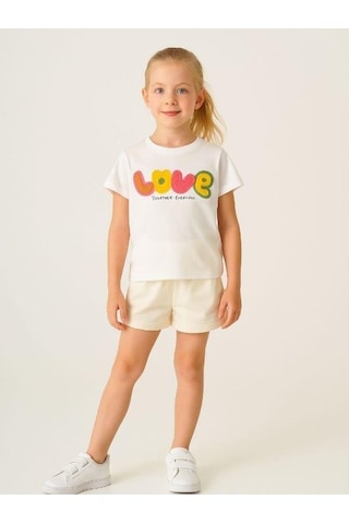 Cicihlid Kız Çocuk Pamuklu Punch İşlemeli Love T-shirt-15890 Ekru