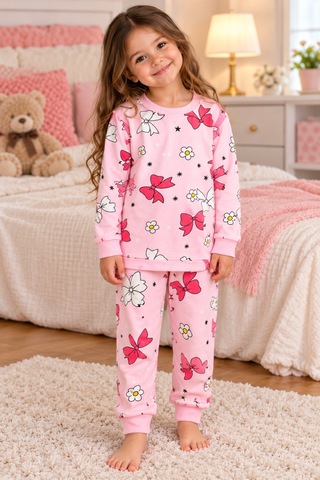 Üç Gül Ticaret Kız Çocuk 3-7 Yaş Fiyonklu Çiçek Desenli Pijama Takımı Pamuklu Şardonlu Pembe