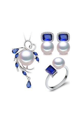 Beyaz Lsooyh Doğal Tatlı Su Inci Kolye Kübik Zirkonya Mavi Kristal Çiçek Küpe Yüzük Kadınlar Için Inci Takı Setleri Beyaz