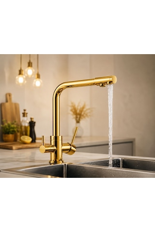 3 Yollu Musluk Su Arıtma Musluğu Gold Üç Yollu Çoklu Musluk Altın Rengi Mutfak Bataryası