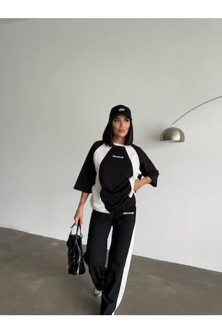 Oversize Yazı Detaylı Unisex Eşofman Takımı Yüksek Bel, Dijital Baskı, Rahat Kesim Siyah