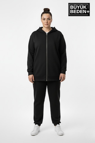 Süperlife Kadın Büyük Beden Fermuarlı Kapüşonlu İnce Sweatshirt Hırka - Rahat Kalıp Spr26bhr960 Siyah