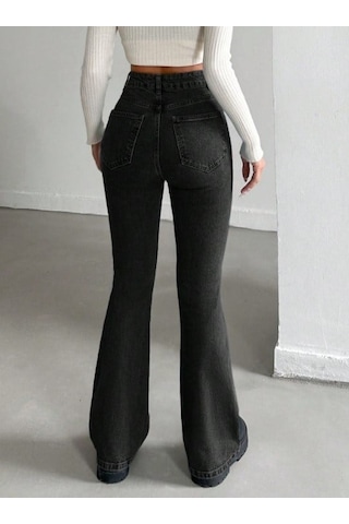 Herton Yüksek Bel İspanyol Paça Jean Pantolon - Eskitme Detaylı Full Pamuklu Flare Denim siyah