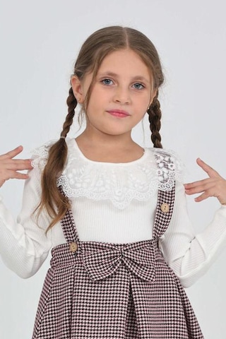 Kız Çocuk Dantel Yakalı Salopet Askılı Kazayağı Desenli 2'li Elbise 12304 Koyu Pembe