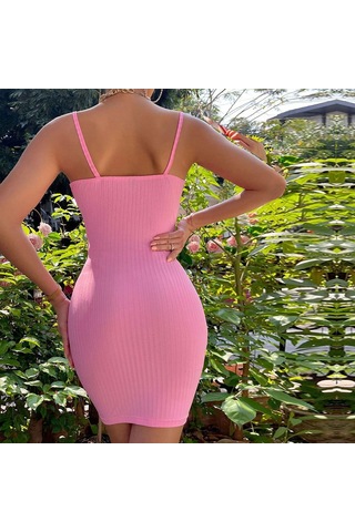 Hnxc Kadın Moda Yaz Bahar Düz Renk Baskı Kolsuz Kare Yaka Yüksek Bel Günlük Elbiseler Pembe