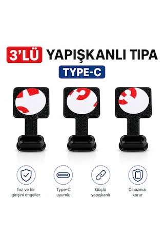 Type-c Yapışkanlı Toz Koruma Tıpası 3 Lü Set Şarj Girişi Koruyucu Premium