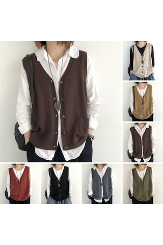 Yeşil Kadın Örgü Yelek V Yaka Kolsuz Tek Sıralı Sıcak Yelek Düz Renk Bol Kesim Yeşil