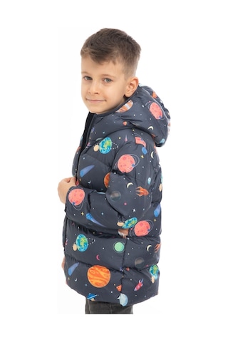 Erkek Çocuk İçi Polarlı Kapüşonlu Gezegen Yıldız Desenli Kışlık Şişme Mont Lacivert