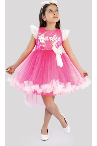 Pembe Barbie Ponpon Kuyruk Etekli Barbie Taçlı Kız Çocuk Doğum Günü Parti Elbisesi-Pembe