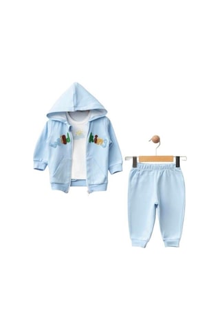 3 Lü Organik Bebek Kapüşonlu Eşofman Takımı-16188 Mavi