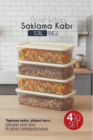 4'lü Saklama Kabı 1,3 Litre Derin Dondurucu Mikrodalga Uyumlu Şampanya