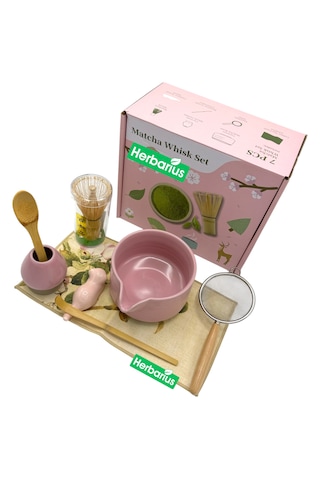Herbarius 8 Parça Mat Pudra Pembe Renk Matcha Çayı Hazırlama Seti - Geleneksel Japon Matcha Seti