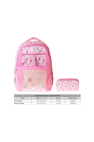 Calacilo Tiny Kız Çocuk Ayıcık Baskılı Okul Sırt Çantası Ve Kalemlik Seti - Setcc-c4062c Pembe - Krem