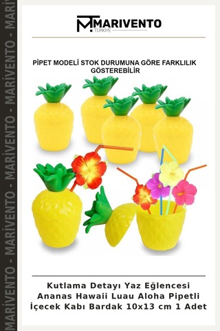 Kutlama Detayı Yaz Eğlencesi Ananas Hawaii Luau Aloha Pipetli İçecek Kabı Bardak 10x13 Cm 1 Adet Çok Renkli