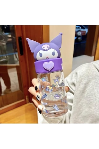 Kuromi Tasarımlı Kapaklı Cam Kupa -1544