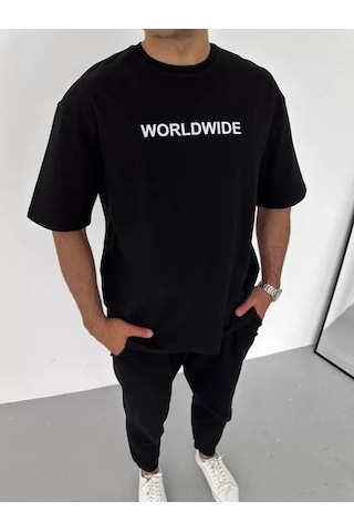 Modi Unisex Bisiklet Yaka Baskılı Oversize T-shirt - Siyah - Mymg106742
