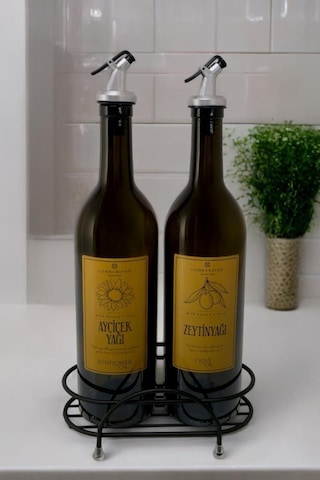 Digithome Petra 2'li Siyah Metal Standlı Yağdanlık Seti Gold Etiketli Amber Yağlık 750 Ml Siyah