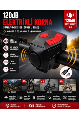 Kenly 20 Db Usb Şarjlı Bisiklet Kornası Alarm Zili Anti Hırsızlık Elektrikli Korna Scooter Uyumlu Siyah