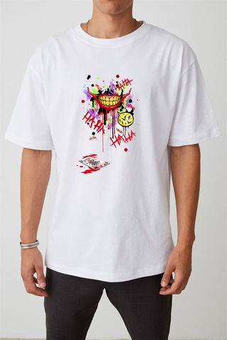 Thewert Unisex Joker Smile Baskılı Beyaz Oversize Tshirt