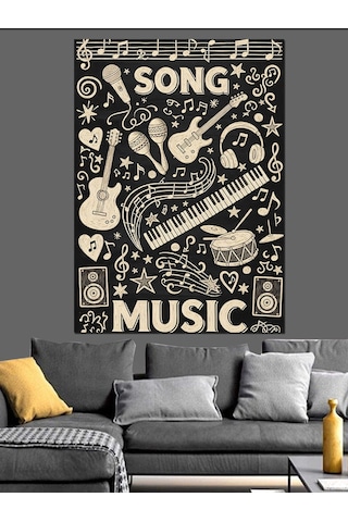 Siyah Müzik Aletleri Posteri Dekoratif Kanvas - Mdf Ahşap Tablo