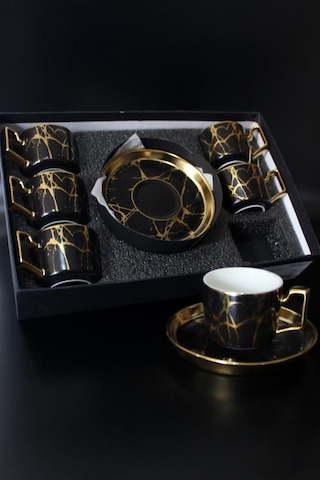 Porselen 6 Kişilik Kahve Fincan Takımı Siyah Gold Tr2934