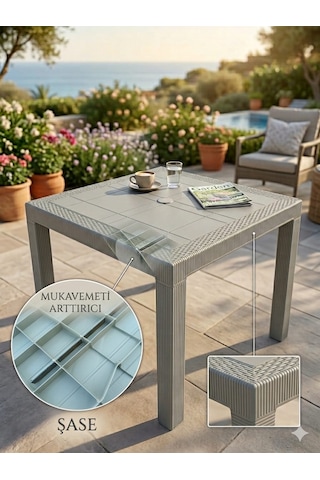 Evko Mobilya Rattan 90x90 Masa, Plastik Masa, Bahçe Balkon Teras Masası, Kare Masa, Dış Mekan Masası Cappuccino