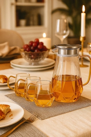 5 Parça Cam Sürahi Ve Bardak Seti Metal Kapaklı 1500 Ml Sürahi + 4 Adet 350 Ml Bardak
