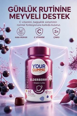 Y'our Gummie Elderberry Kara Mürver C Vitamini ve Çinko 60 Çiğnenebilir Jel