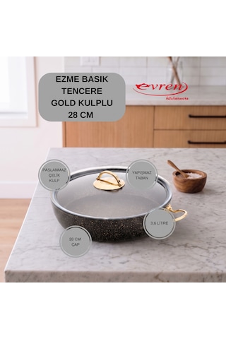 20 Cm Goldstone Ezme Seri Granit Basık Tencere, Non-stick Pilav Karnıyarık Tenceresi 1,7 Lt Çelik Kulp 28 Cm