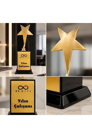 Logonuza Özel 5 Adet Mesajlı Gold Renk Büyük Yıldız Oskar Kurumsal Ödülü 22 X 8 Cm