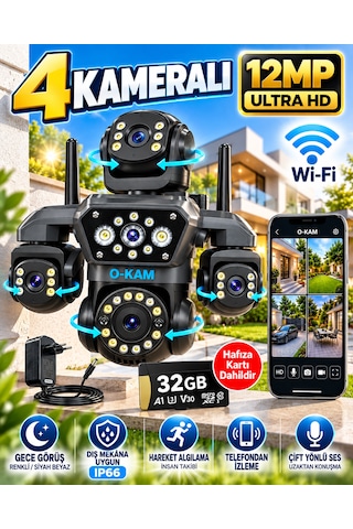 O-kam Ok-251 12mp 4 Kameralı Wifi Gece Görüş Çift Yönlü Ses Uzaktan İzleme Kişi Takibi Türkçe 32gb Akıllı Güvenlik Kamerası