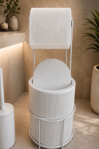 Modern Banyo Seti Kapaklı Çöp Kovası, Tuvalet Kağıtlığı Ve Wc Fırçası Minimal Tasarım Beyaz