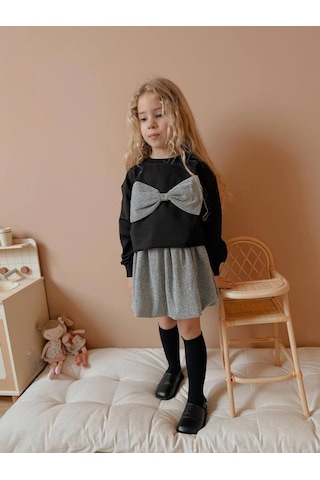 Kız Çocuk Fiyonk Modelli Simli Etekli Takım Siyah