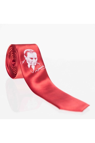 Çocuk Boy Atatürk Ve Imza Baskılı Saten Kırmızı Kravat - Ck-28