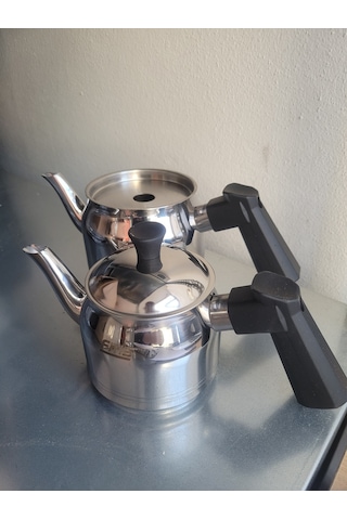 Fms Daisy Midi Boy Paslanmaz Çelik Çaydanlık Seti 1lt,0.5lt Bakalit Siyah Kulp - 4070syh Inox
