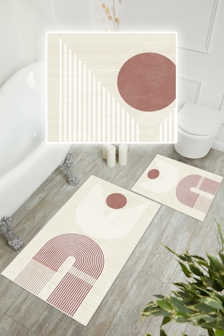 Dijital Baskı Modern Kaymaz Taban 2li Set Banyo Paspası Klozet Takımı 50x60cm-60x100cm Pembe