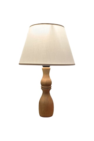 Glad Masif Ahşap Ayaklı Zarif Abajur Konik Krem Başlıklı Masa Lambası Komodin Abajur Krem