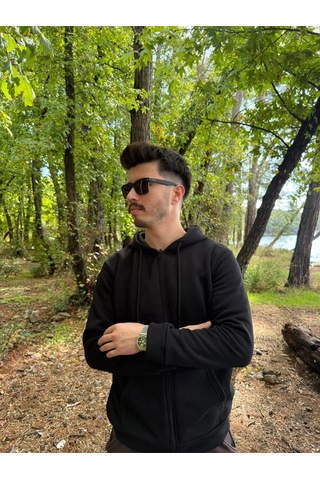 Erkek Oversize Kapüşonlu Tam Fermuarlı Kanguru Cepli Şardonlu Sweatshirt SIYAH