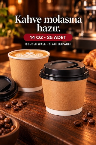 Double Wall Kapaklı Karton Bardak 14 Oz 25 Adet Çift Katmanlı Büyük Boy Sıcak İçecek Bardak Renkli