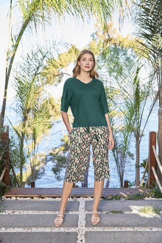 Monamise Kadın Desenli Kısa Kollu V Yaka Büyük Beden Kapri Takımı 25126bat. Yeşil